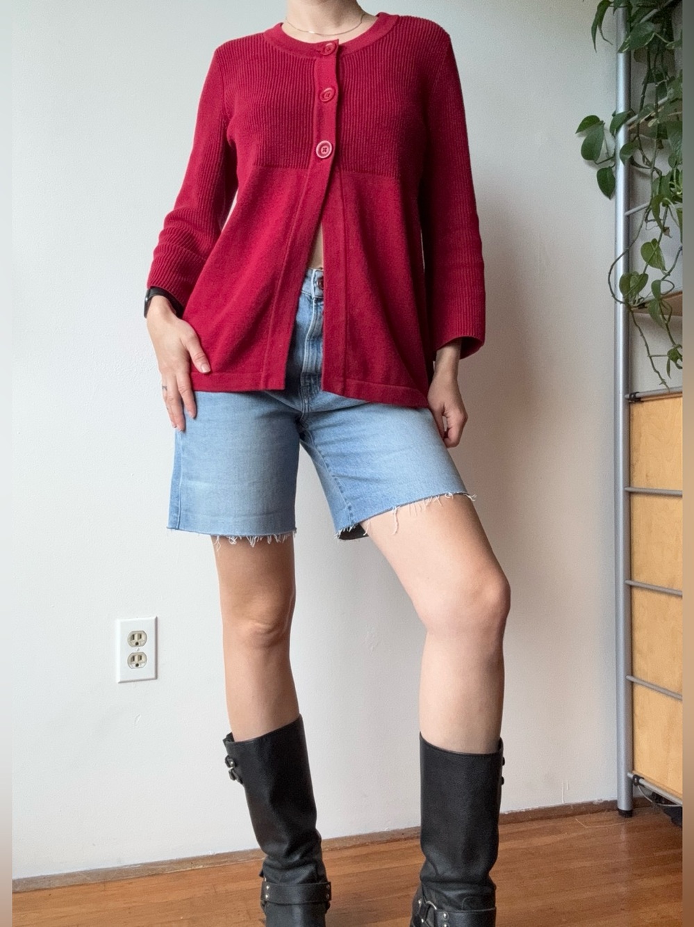 Vintage Red Cotton Button-Front Knit Sweater Cardigan